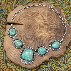 MARY ELLEN PEASE Navajo Sterling Silver & Armenian Turquoise 5-Station Necklace